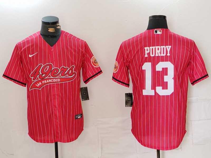 Men%27s San Francisco 49ers #13 Brock Purdy Red Pinstripe With Patch Cool Base Stitched Baseball Jersey